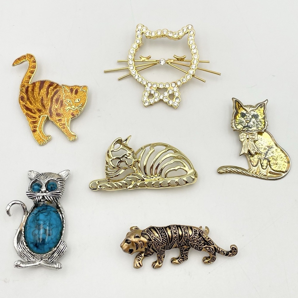 Vintage Lot Of 6 Cat Brooch Pins Coro Fish Enterprises Gold Tone For Repair